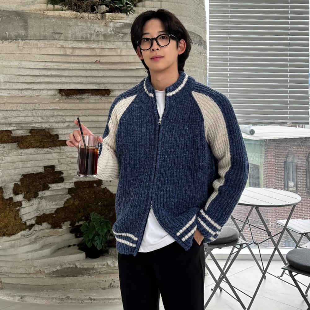 남자 너코 오버핏 봄 가을 투웨이 바시티 니트 집업 이미지 8