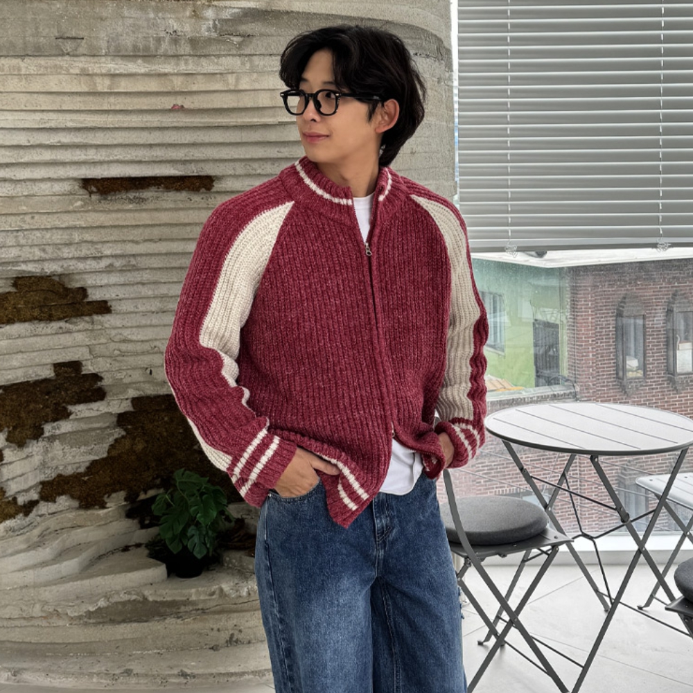 남자 너코 오버핏 봄 가을 투웨이 바시티 니트 집업 - 상세 이미지 2