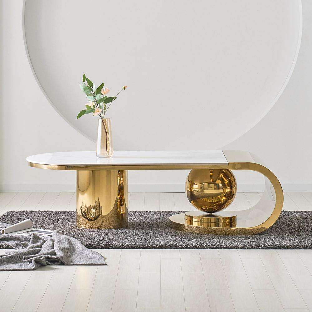 [방문설치] 아르누보 필레 세라믹 스테인레스 소파테이블 거실테이블 좌탁 1450x700mm, 골드