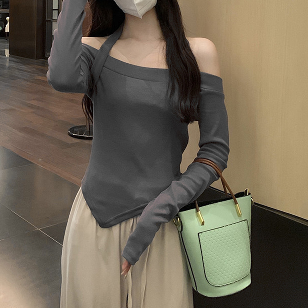 여성 오픈숄더 슬림핏 보트넥 예쁜 긴팔티 어깨트임 봄 가을 레이어드 - 상세 이미지 5