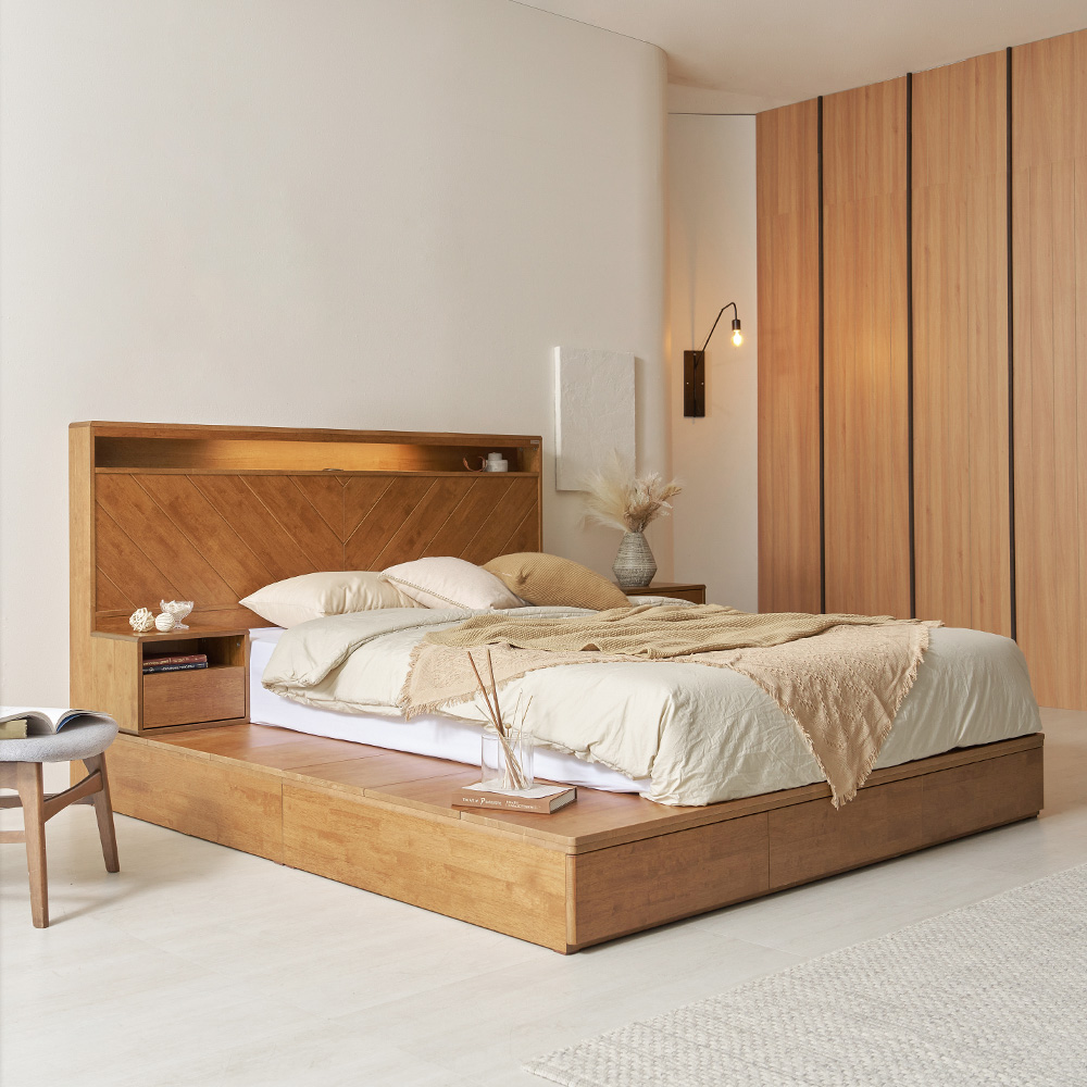 모브 조명 헤링본 원목 침대 프레임 다리형 퀸 킹 사이즈 Q/K공용