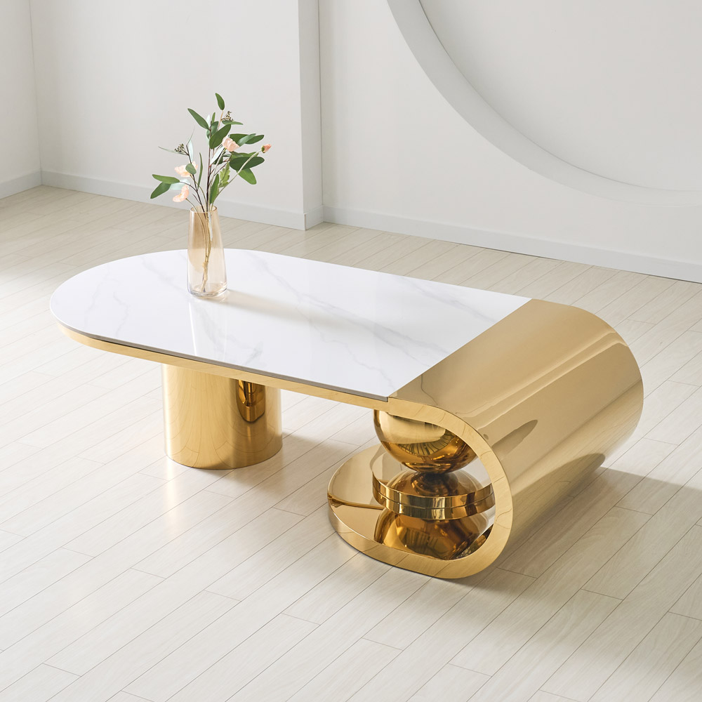 [방문설치] 아르누보 필레 세라믹 스테인레스 소파테이블 거실테이블 좌탁 1450x700mm, 골드