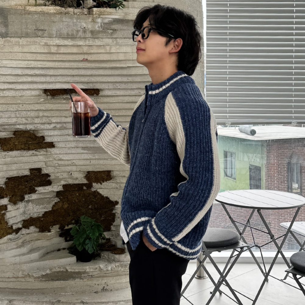남자 너코 오버핏 봄 가을 투웨이 바시티 니트 집업 - 상세 이미지 5