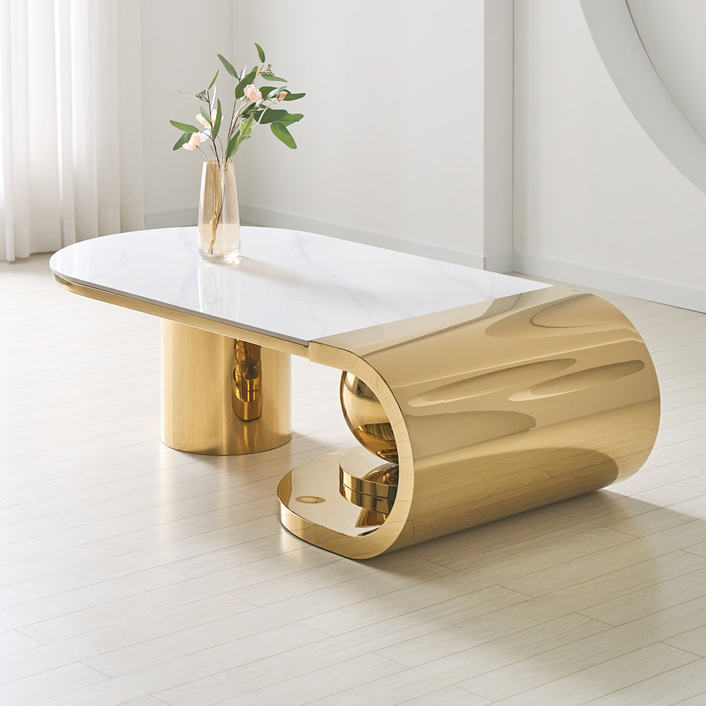 [방문설치] 아르누보 필레 세라믹 스테인레스 소파테이블 거실테이블 좌탁 1450x700mm, 골드