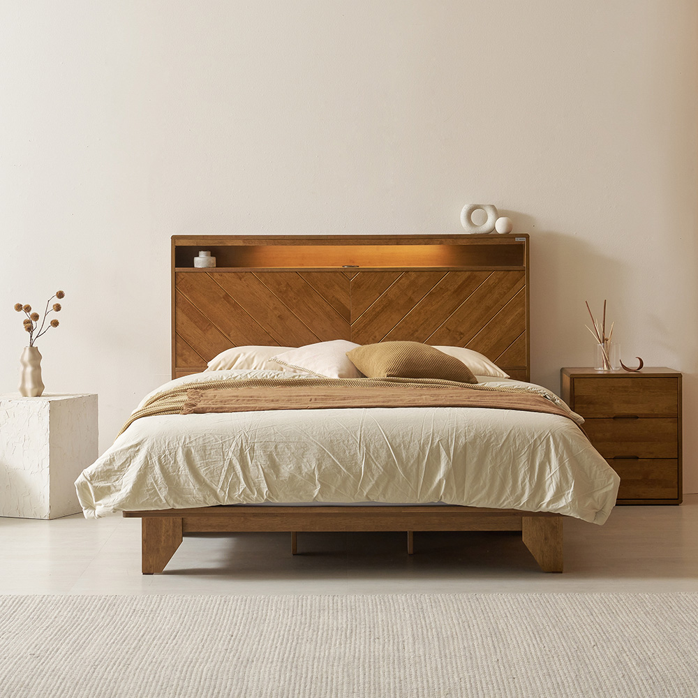 모브 조명 헤링본 원목 침대 프레임 다리형 퀸 킹 사이즈 Q/K공용