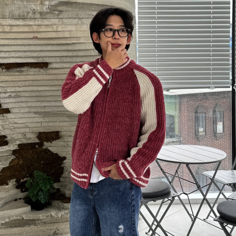 남자 너코 오버핏 봄 가을 투웨이 바시티 니트 집업 이미지 7