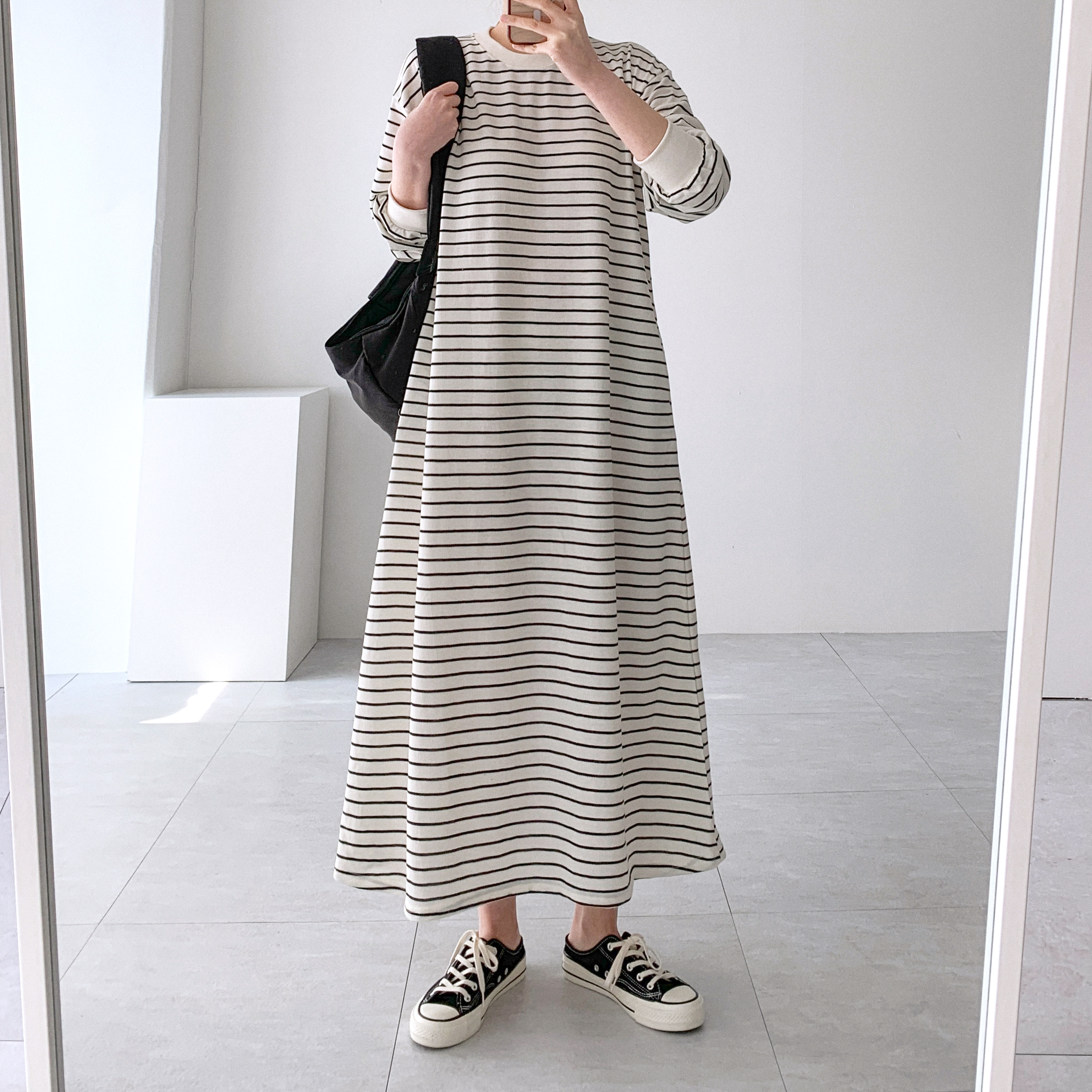 간절기 단가라 스트라이프 긴팔 봄 데일리 홈웨어 꾸안꾸 롱 원피스 - 상품 이미지