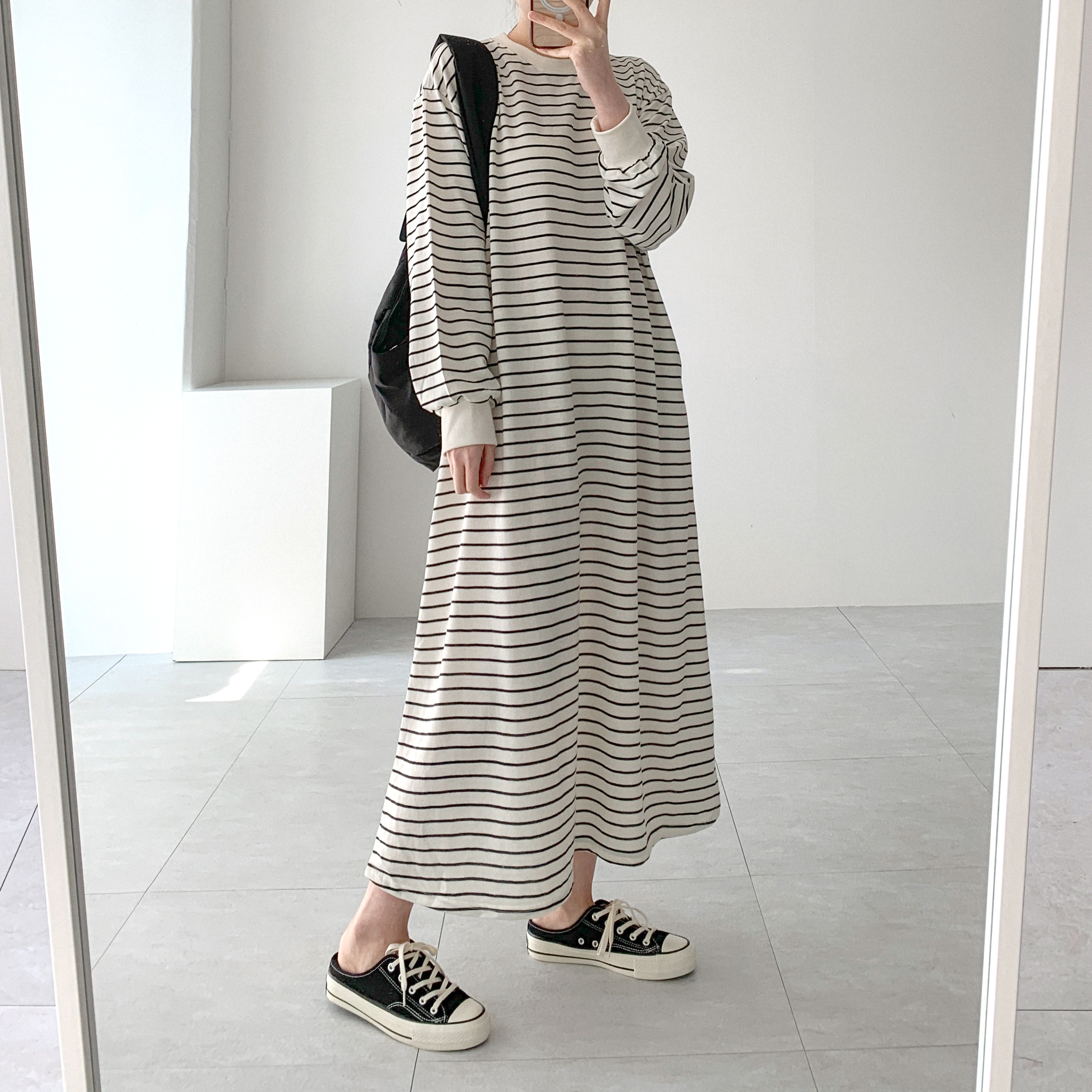 간절기 단가라 스트라이프 긴팔 봄 데일리 홈웨어 꾸안꾸 롱 원피스 - 상세 이미지 4