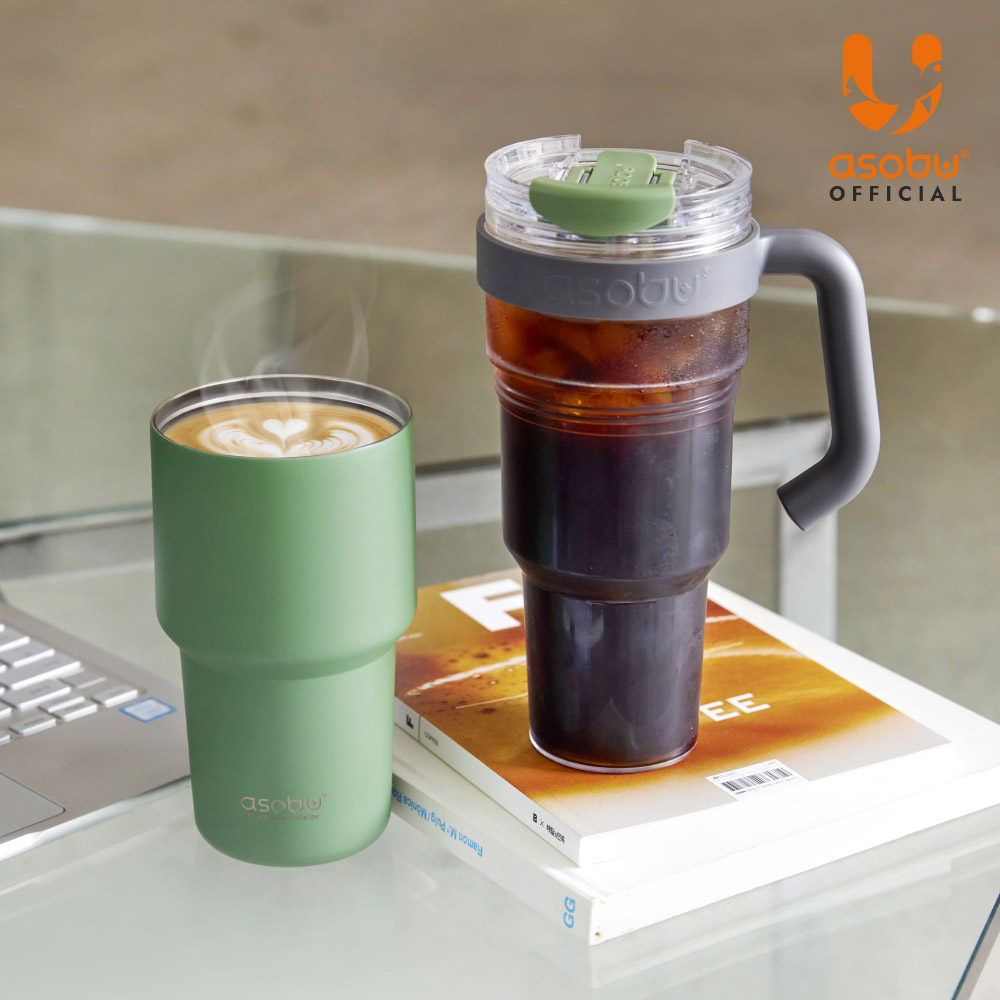 아소부 스테인레스 대용량 손잡이 빨대텀블러 2IN1 익스플로러 1L, 바질그린