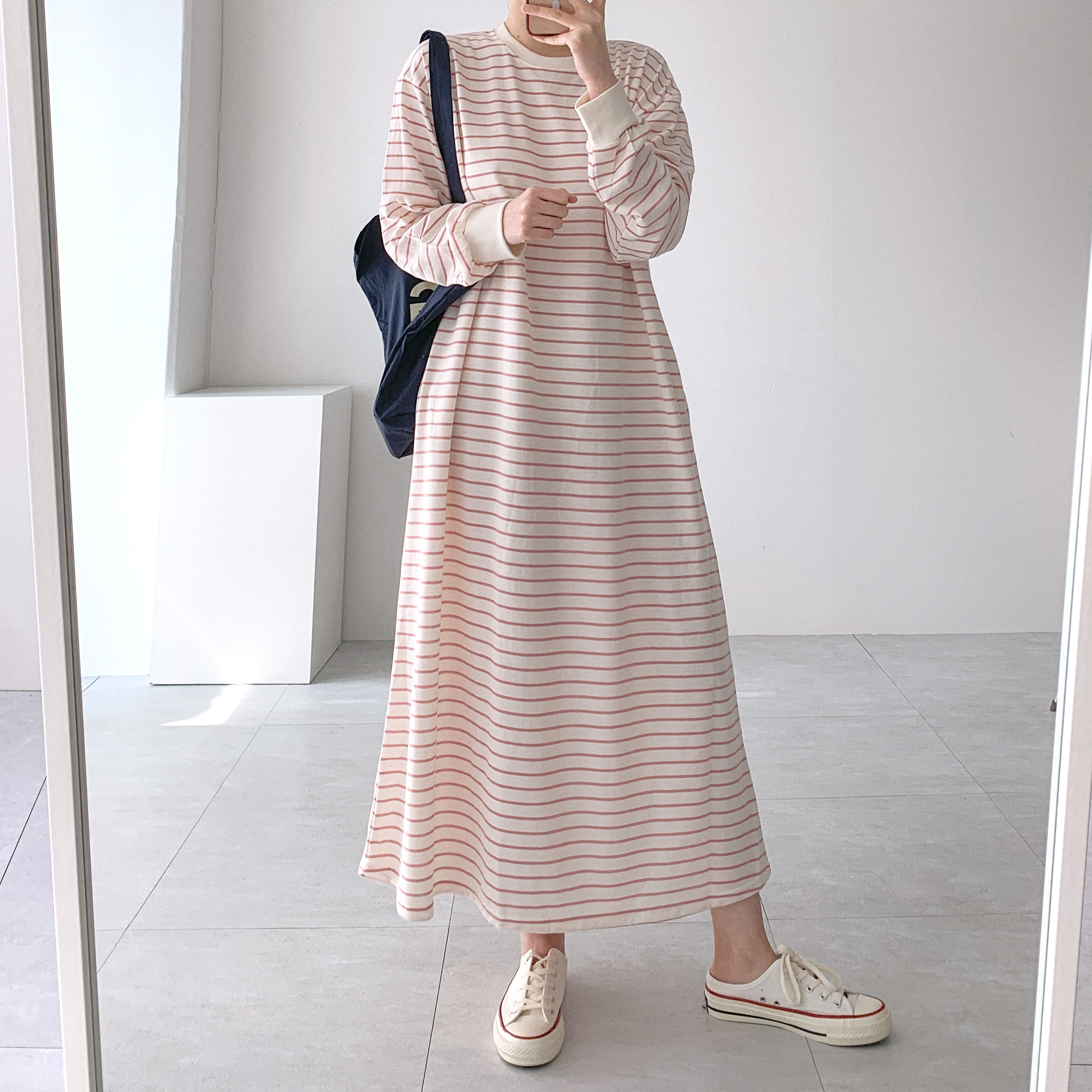 간절기 단가라 스트라이프 긴팔 봄 데일리 홈웨어 꾸안꾸 롱 원피스 이미지 6