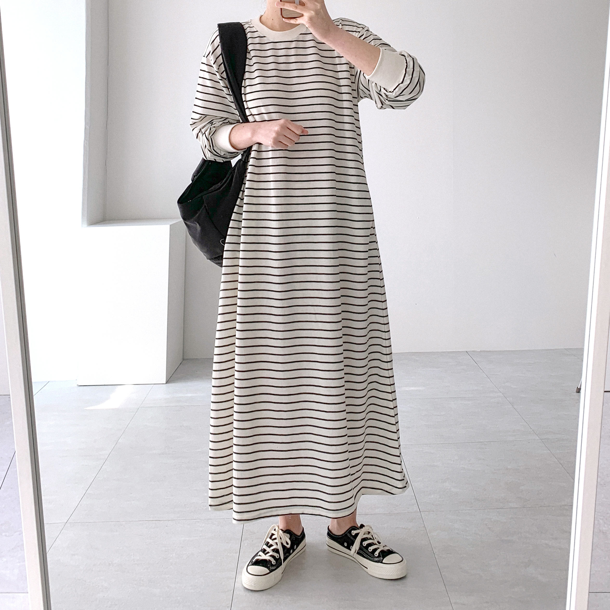 간절기 단가라 스트라이프 긴팔 봄 데일리 홈웨어 꾸안꾸 롱 원피스 - 상세 이미지 5