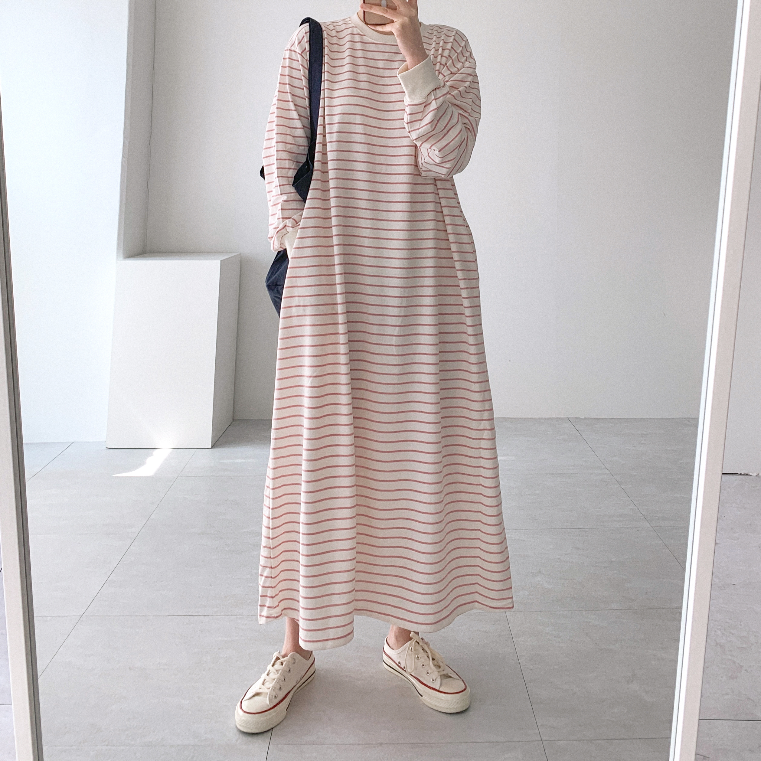 간절기 단가라 스트라이프 긴팔 봄 데일리 홈웨어 꾸안꾸 롱 원피스 이미지 7
