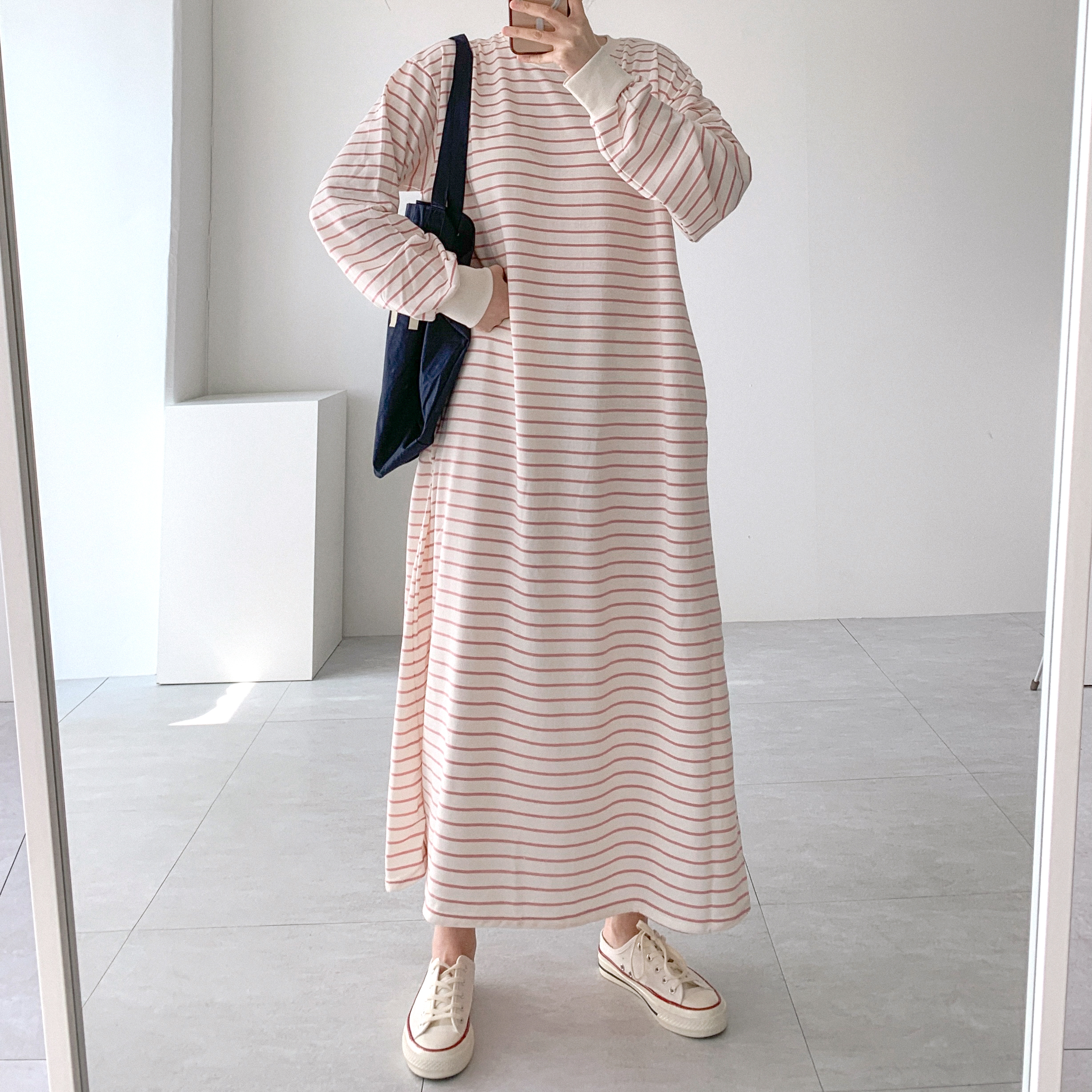 간절기 단가라 스트라이프 긴팔 봄 데일리 홈웨어 꾸안꾸 롱 원피스 이미지 8