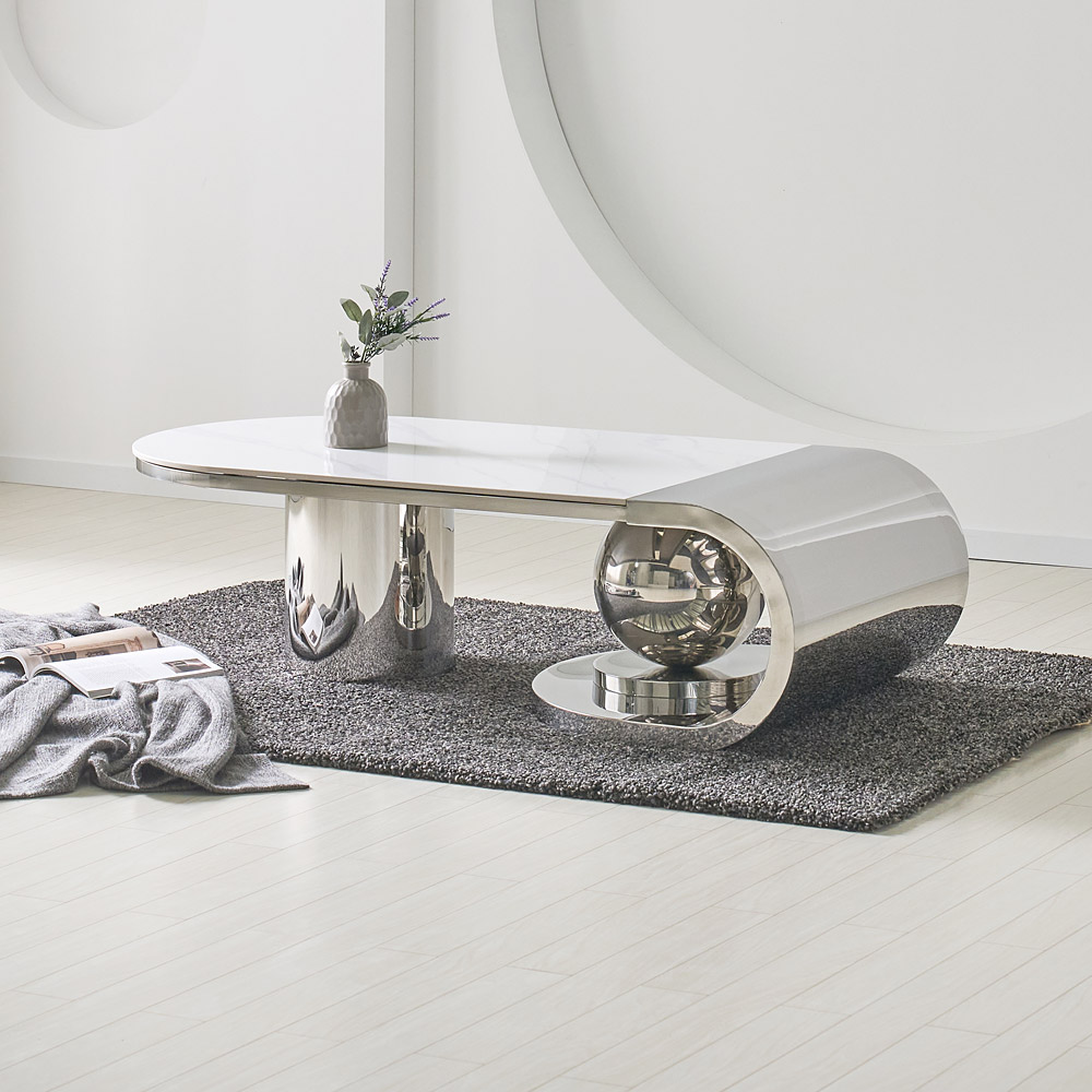 [방문설치] 아르누보 필레 세라믹 스테인레스 소파테이블 거실테이블 좌탁 1450x700mm, 실버