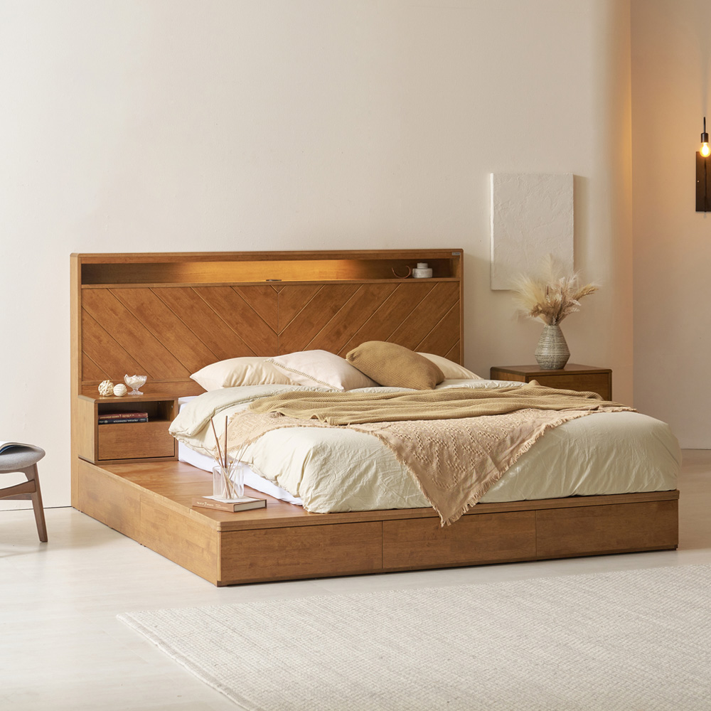 모브 조명 헤링본 원목 침대 프레임 다리형 퀸 킹 사이즈 Q/K공용