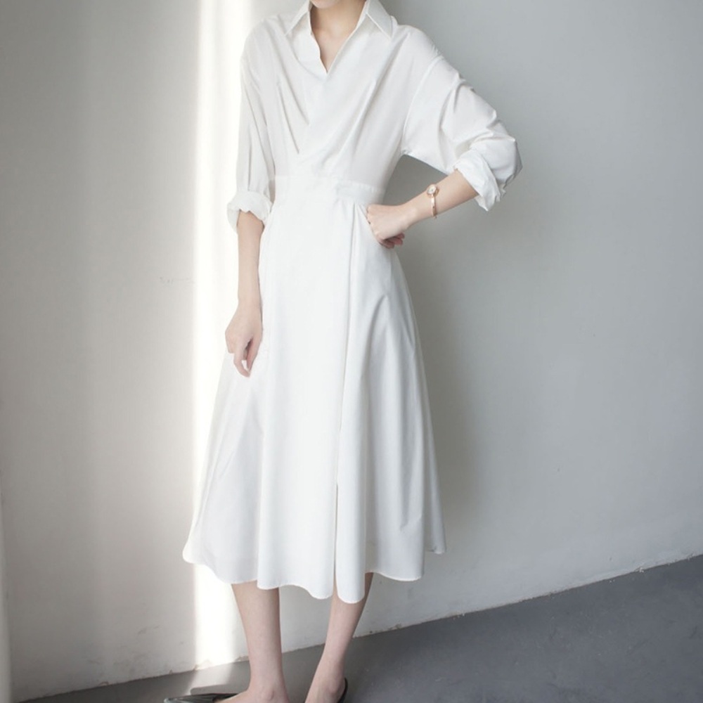 화이트 셔츠 원피스 카라 프렌치 감성 봄 가을 휴가룩 엄마 휴양지 등원룩 데이트 - 상품 이미지
