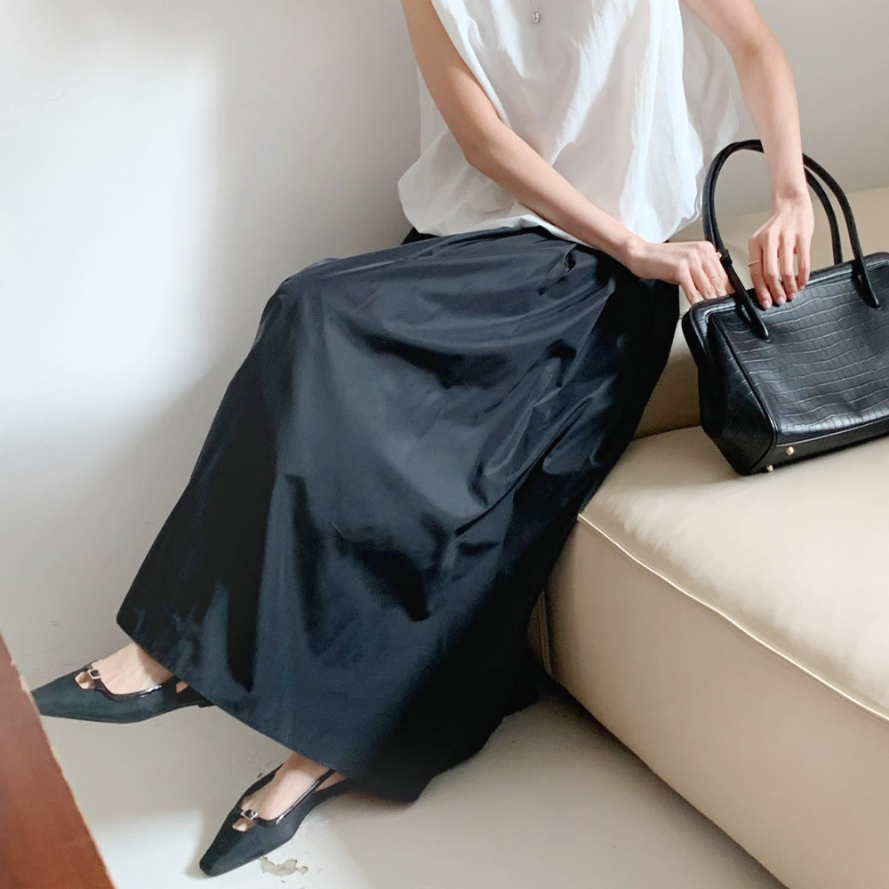 핀턱 주름 스커트 밴딩 프라다원단 플레어 롱스커트 벌룬 봄 가을 겨울 베이지 검정 치마 제품 이미지