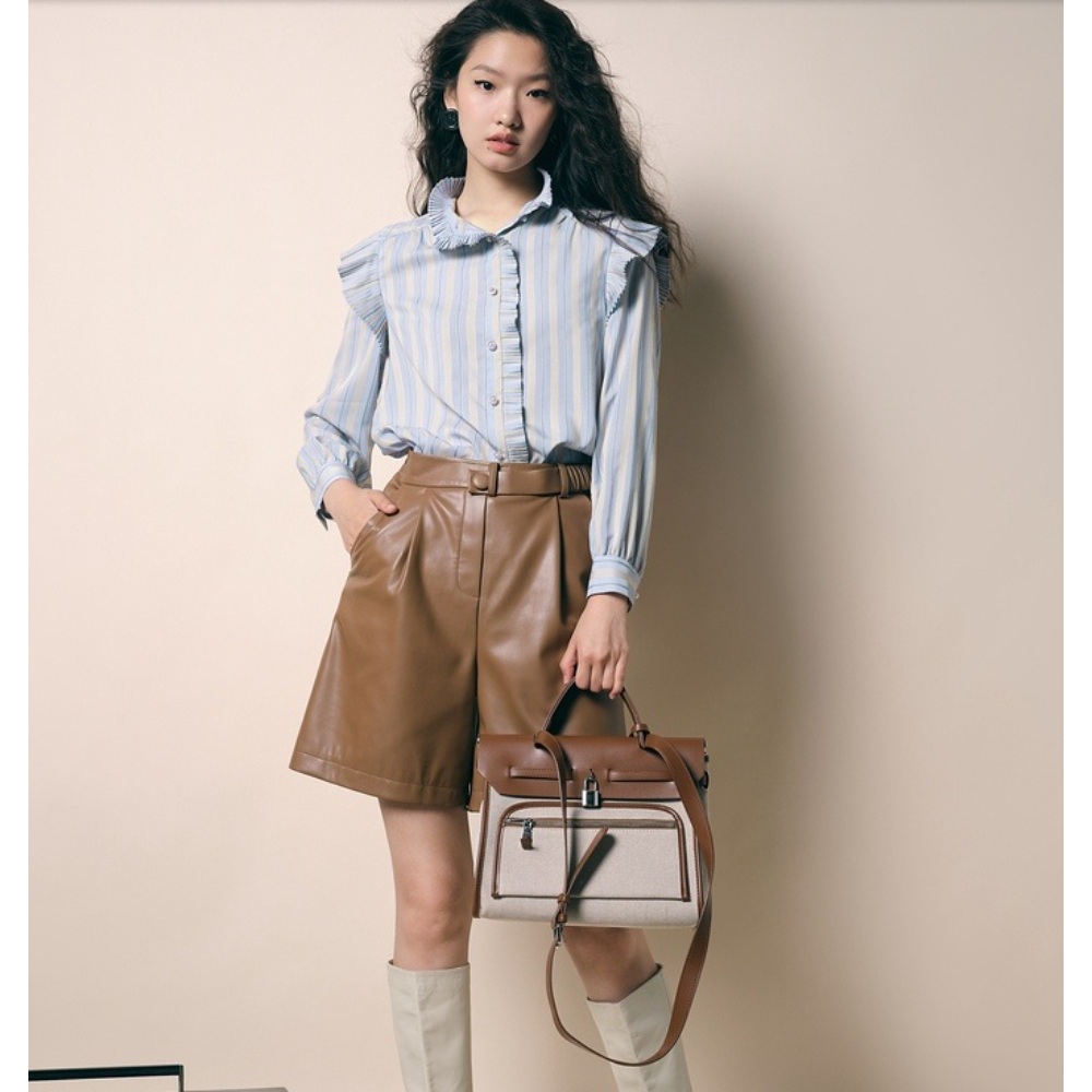 블루 스트라이프 셔츠 프릴 포인트 블라우스 연예인 패션 코디 명품느낌 - 상세 이미지 4