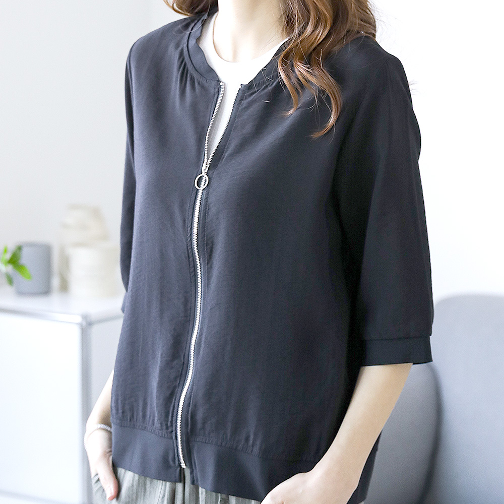 여성 얇은 7부 블루종 자켓 시원한 우븐 인견 집업 여름잠바 에어컨 바람막이 - 상세 이미지 2