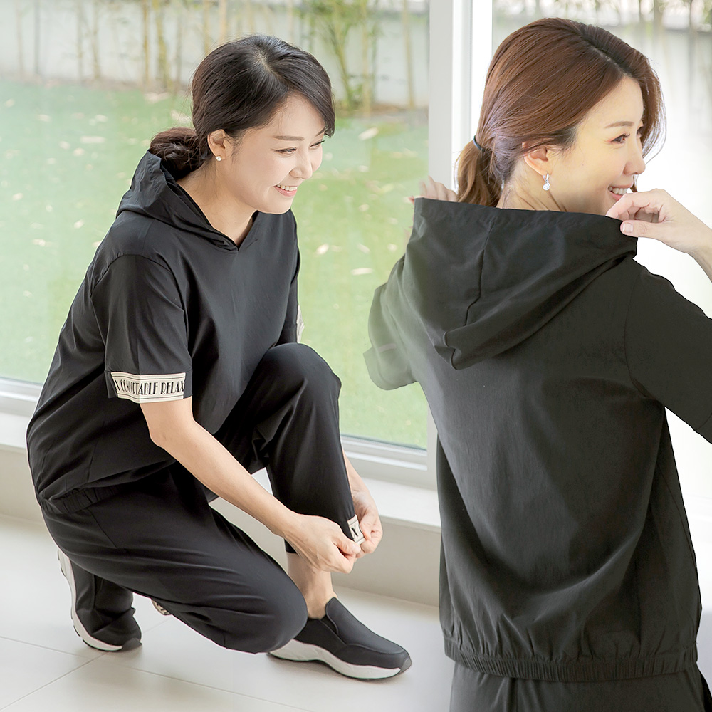 여성 여름 반팔 후드 셋업 릴렉스 인견 스판원단 밴딩 팬츠 바지 런닝복 운동복 상하 세트 - 상세 이미지 2