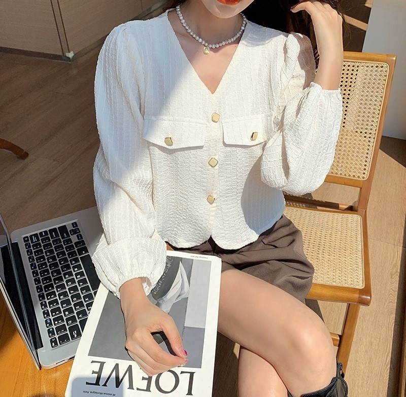 여자여자몰 사각단추 보들촉감 숏긴팔자켓 블라우스대용 편한봄자켓 브이넥 - 상품 이미지