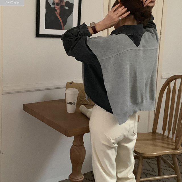 헤더 데님 크롭 카라 셔츠 숄니트 세트 2col 봄 가을 루즈핏 레이어드 코튼 제이플로우 - 상세 이미지 2