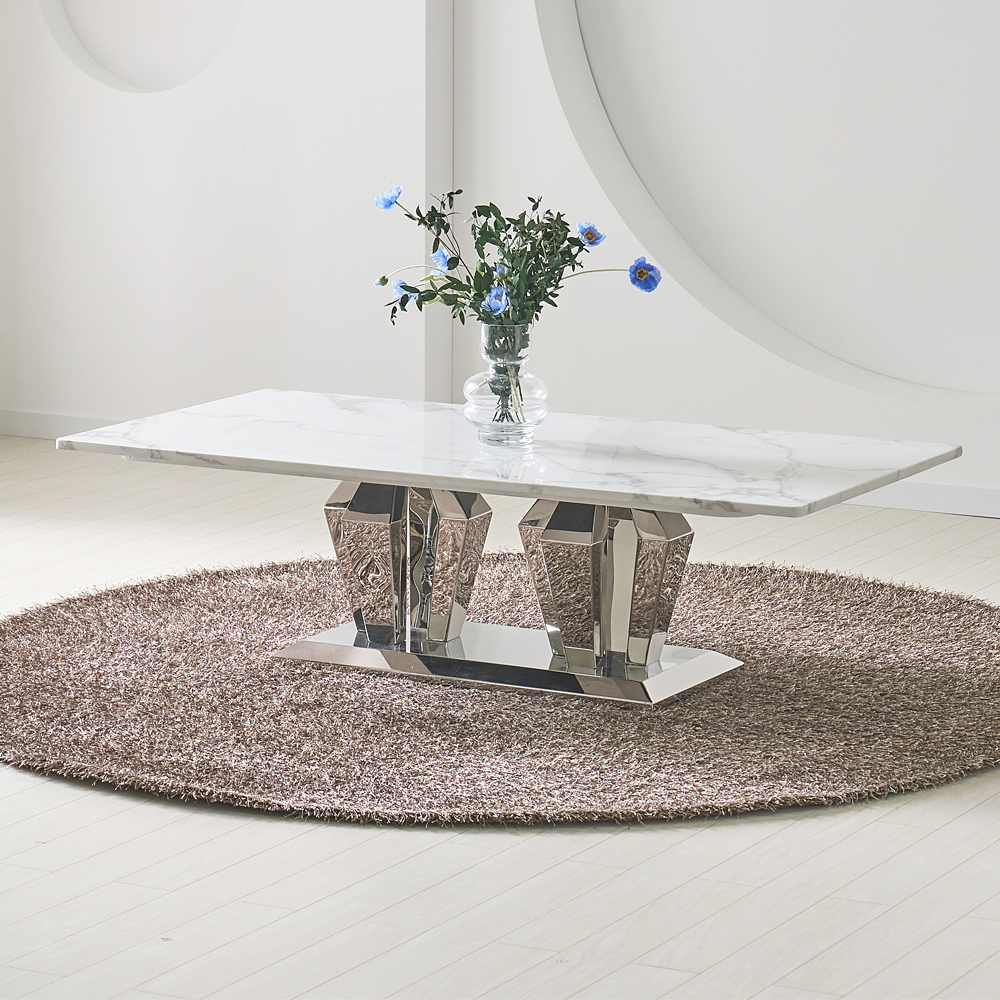 [방문설치] 스퀘어 1400 천연대리석 스테인레스 좌탁 거실테이블 소파테이블 실버