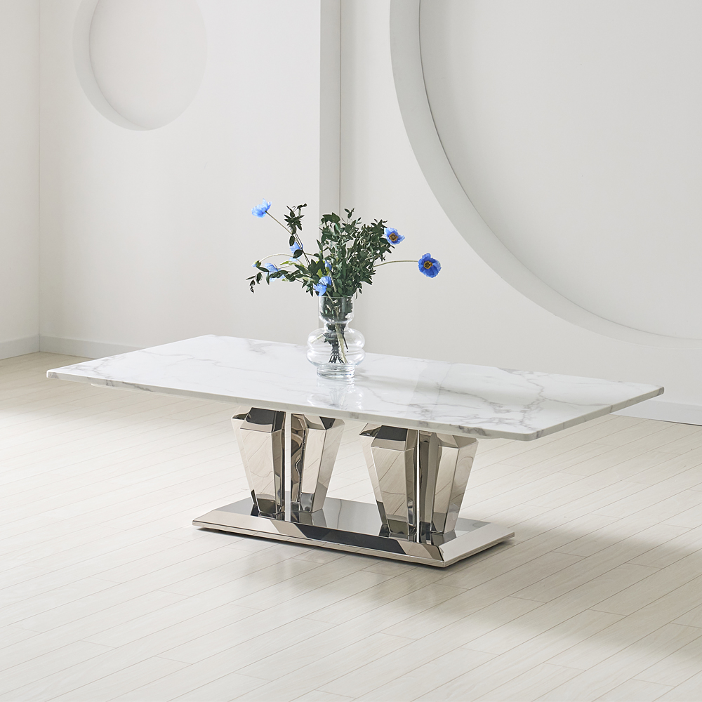 [방문설치] 스퀘어 1400 천연대리석 스테인레스 좌탁 거실테이블 소파테이블 실버