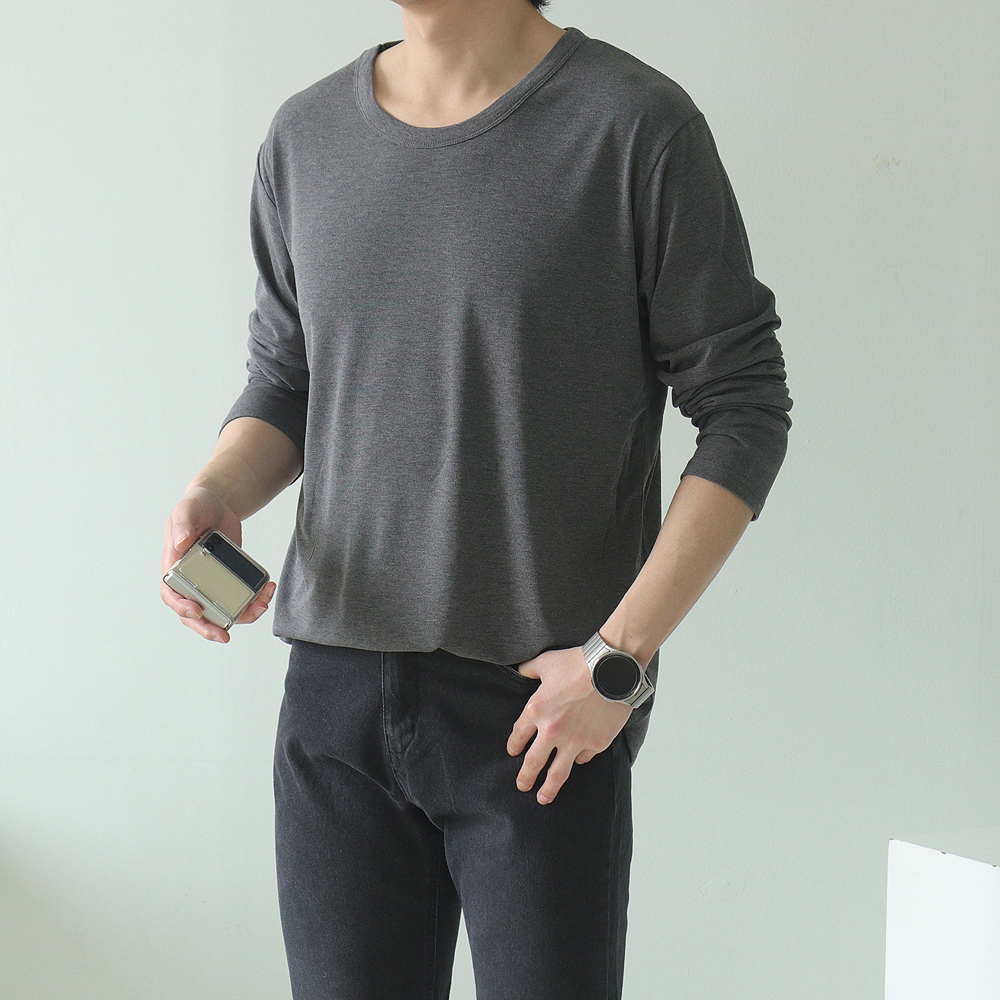 남자긴팔티 이너 레이어드 U넥 실켓 티셔츠 - 상세 이미지 3