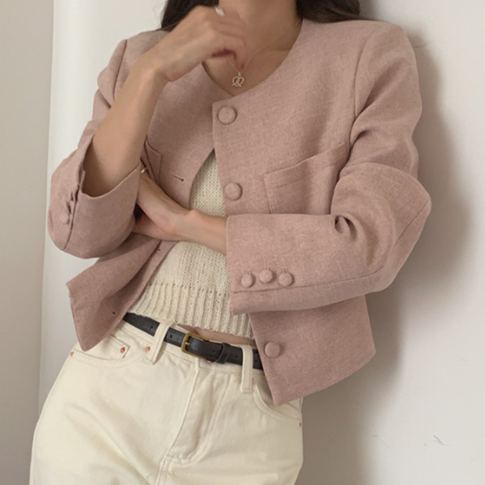 핑크트위드자켓 봄 노카라 크롭 하객룩 라운드 싱글 자켓