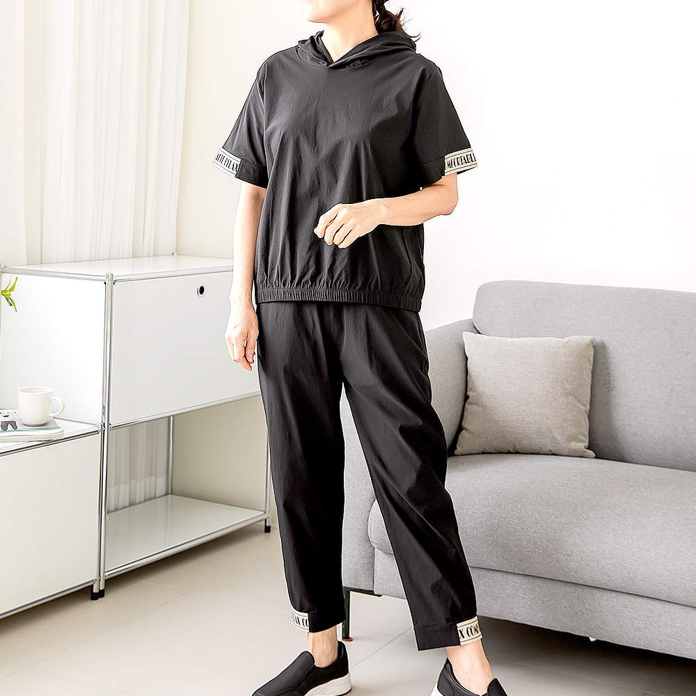 여성 여름 반팔 후드 셋업 릴렉스 인견 스판원단 밴딩 팬츠 바지 런닝복 운동복 상하 세트 - 상세 이미지 3