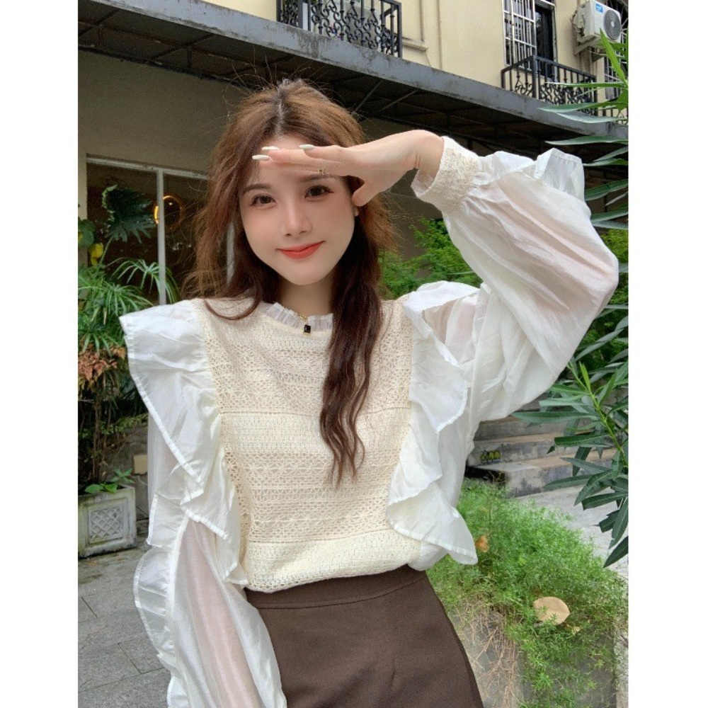 프릴 펀칭 블라우스 쉬폰 레이스 예쁜 디자인 연예인 패션 코디 - 상세 이미지 5