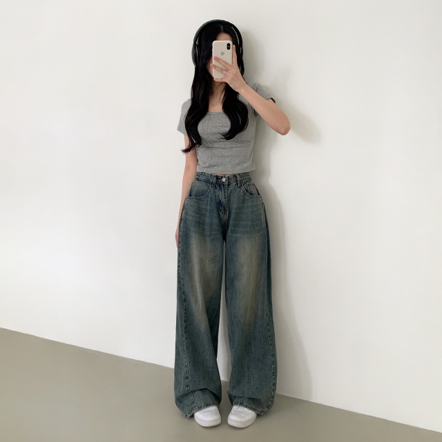 [숏&롱/하체커버!] 솔리 트리드 옆핀턱 청바지 벌룬핏 워싱 폴딩 와이드 봄 데님 팬츠 상세 이미지 37