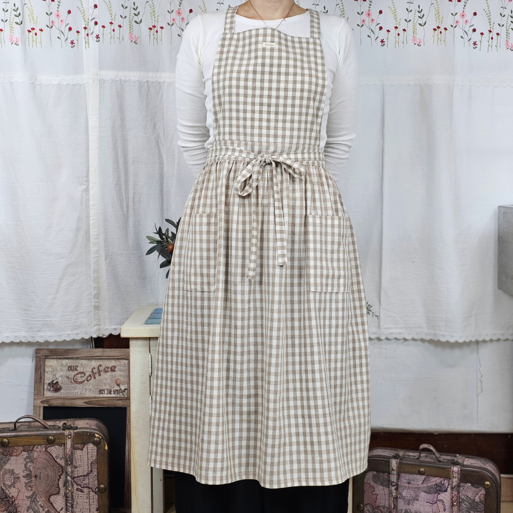 [원피스앞치마] 면 체크 모던 카페 공방 에이프런 홈수니