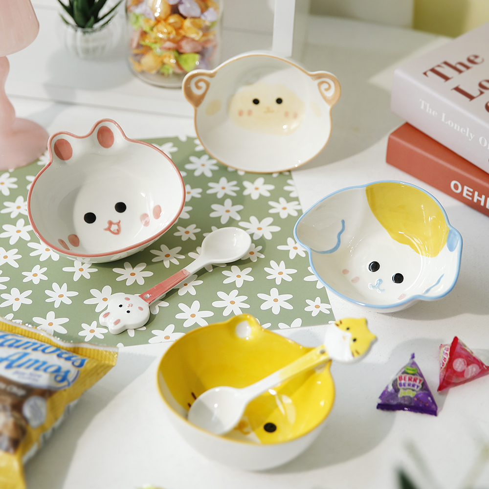 동물모양 도자기 시리얼볼 2P 세트 귀여운 요거트 스프 디저트 볼 그릇 스푼포함