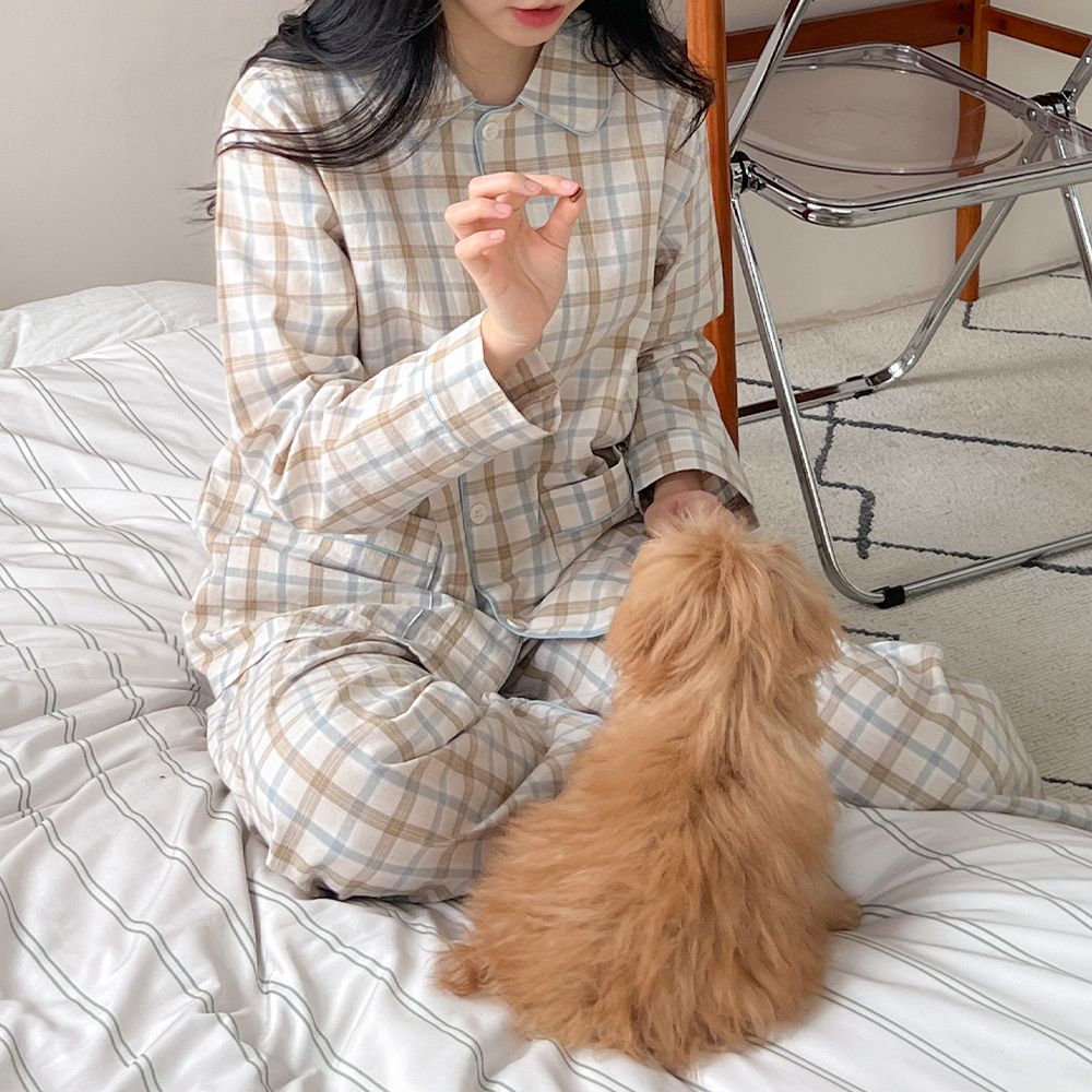 포엠 체크 긴팔 커플파자마 잠옷세트 2color - 상세 이미지 3