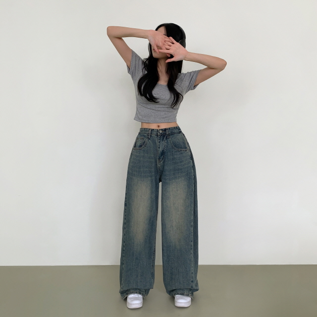 [숏&롱/하체커버!] 솔리 트리드 옆핀턱 청바지 벌룬핏 워싱 폴딩 와이드 봄 데님 팬츠 상세 이미지 38