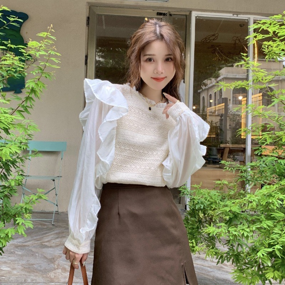프릴 펀칭 블라우스 쉬폰 레이스 예쁜 디자인 연예인 패션 코디 - 상세 이미지 3