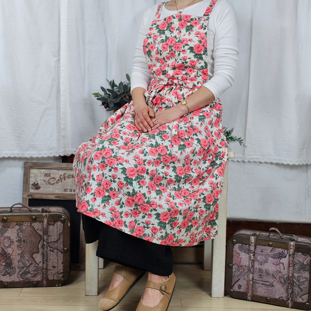 [원피스앞치마] 린넨 플라워 카페 공방 에이프런 핑크로즈 홈수니