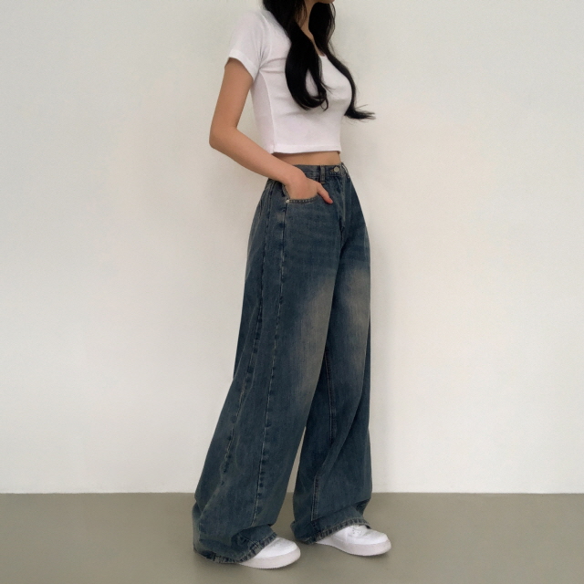 [숏&롱/하체커버!] 솔리 트리드 옆핀턱 청바지 벌룬핏 워싱 폴딩 와이드 봄 데님 팬츠 상세 이미지 26