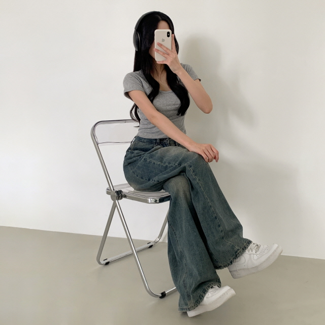 [숏&롱/하체커버!] 솔리 트리드 옆핀턱 청바지 벌룬핏 워싱 폴딩 와이드 봄 데님 팬츠 상세 이미지 42