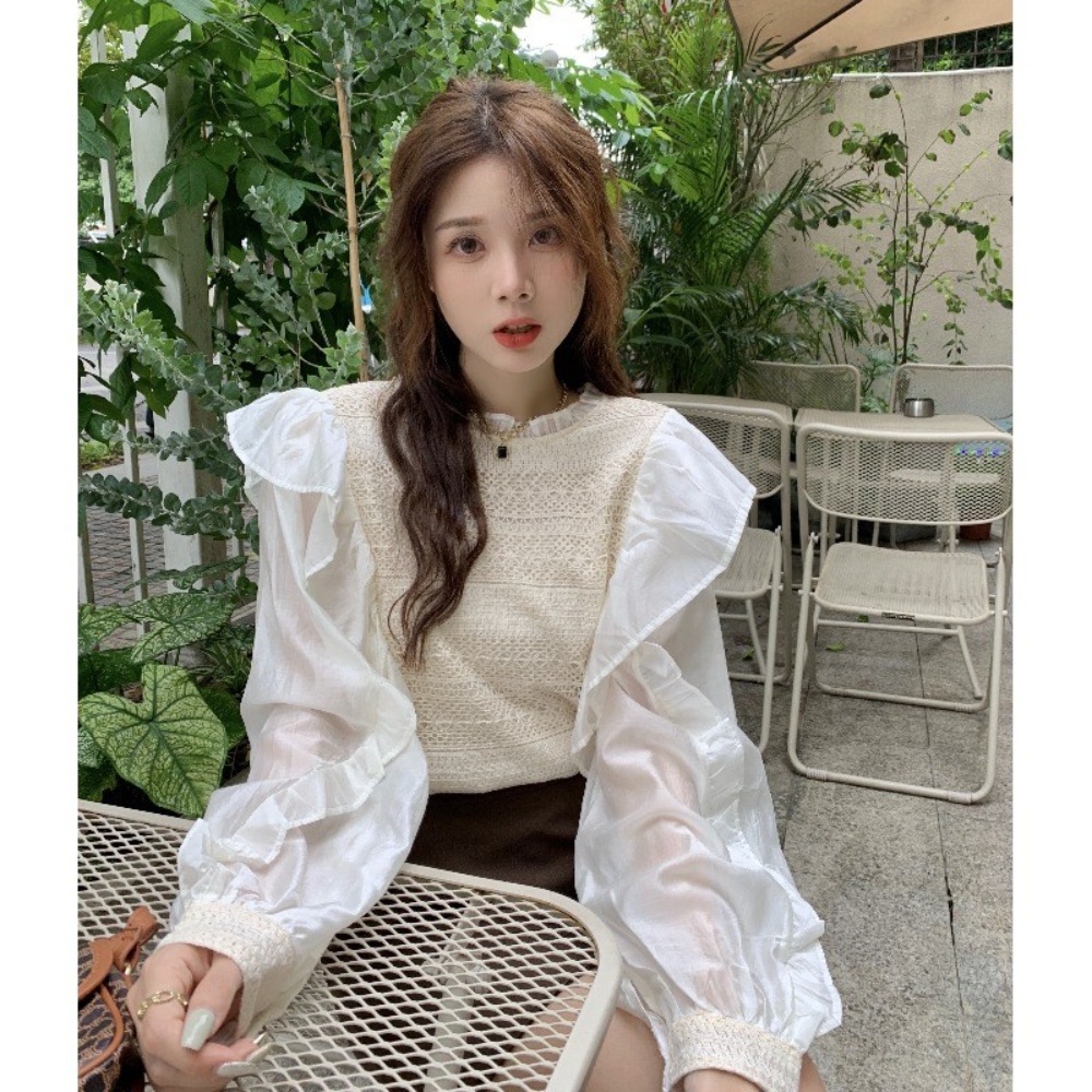 프릴 펀칭 블라우스 쉬폰 레이스 예쁜 디자인 연예인 패션 코디 - 상세 이미지 4