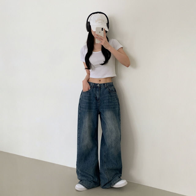 [숏&롱/하체커버!] 솔리 트리드 옆핀턱 청바지 벌룬핏 워싱 폴딩 와이드 봄 데님 팬츠 상세 이미지 33