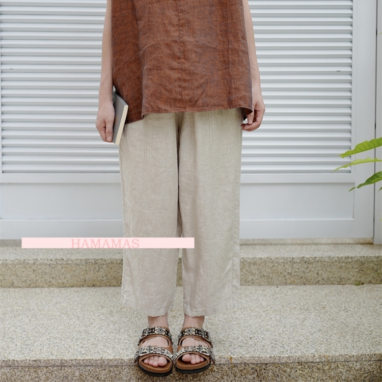 린넨9부바지 배기 스판 밴딩 여성 린넨 팬츠 - 메인 이미지