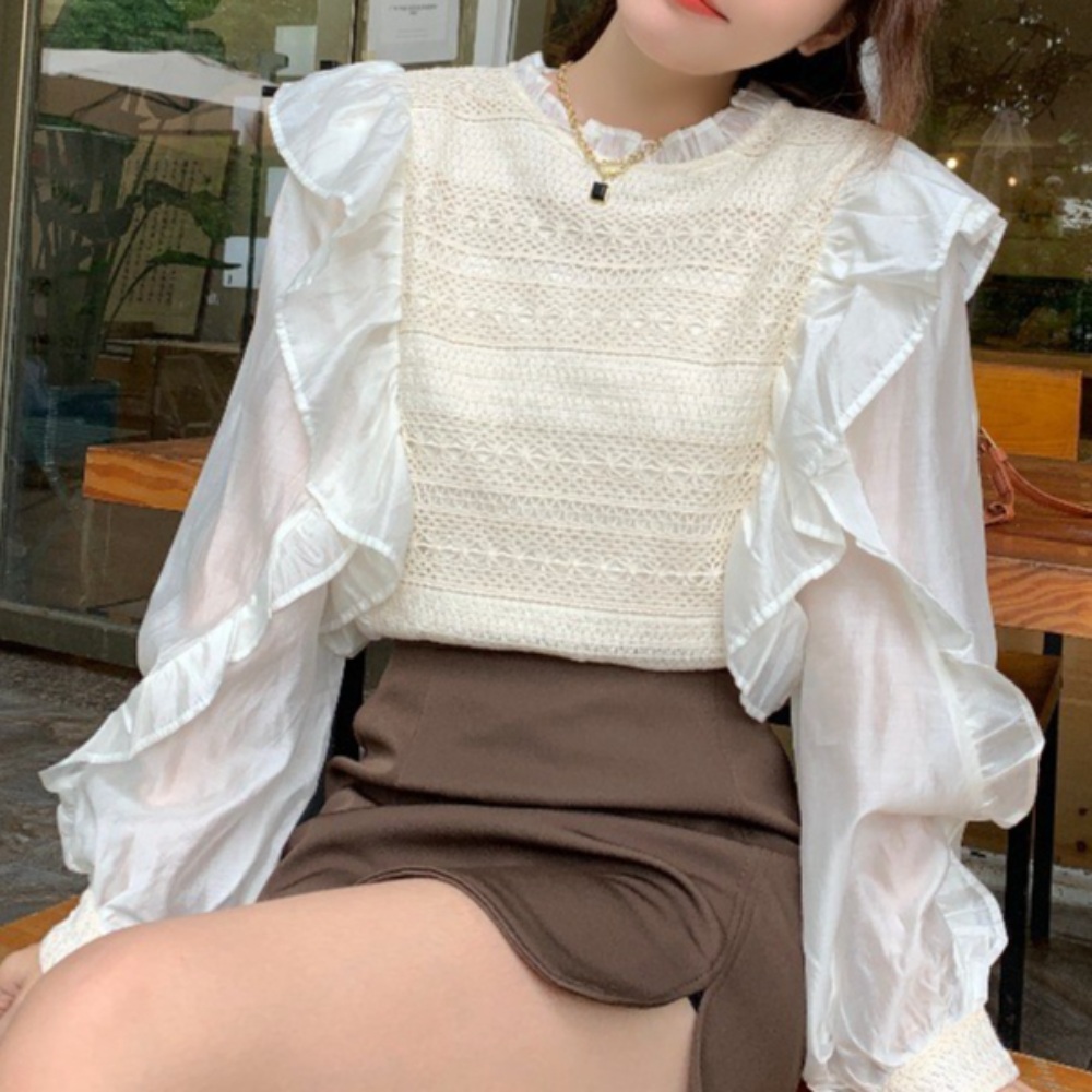프릴 펀칭 블라우스 쉬폰 레이스 예쁜 디자인 연예인 패션 코디 - 상품 이미지