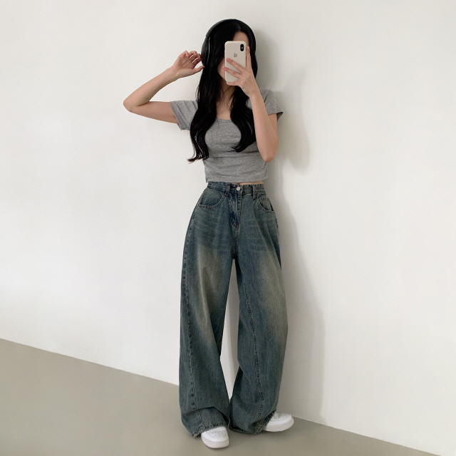 [숏&롱/하체커버!] 솔리 트리드 옆핀턱 청바지 벌룬핏 워싱 폴딩 와이드 봄 데님 팬츠 상세 이미지 39
