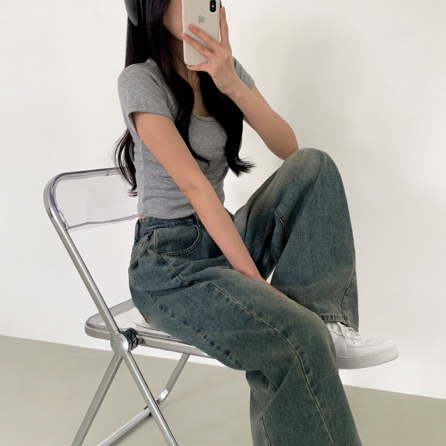 [숏&롱/하체커버!] 솔리 트리드 옆핀턱 청바지 벌룬핏 워싱 폴딩 와이드 봄 데님 팬츠 상세 이미지 43