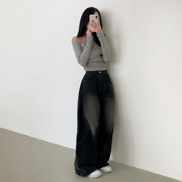 [숏&롱/하체커버!] 솔리 트리드 옆핀턱 청바지 벌룬핏 워싱 폴딩 와이드 봄 데님 팬츠 상세 이미지 53