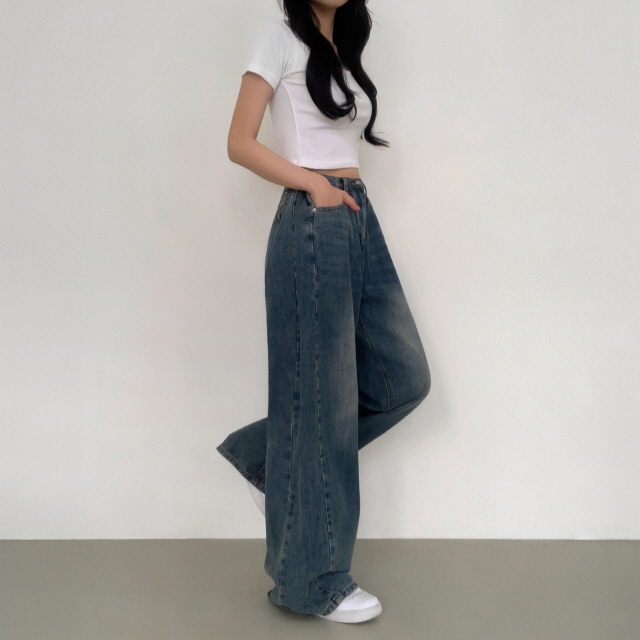 [숏&롱/하체커버!] 솔리 트리드 옆핀턱 청바지 벌룬핏 워싱 폴딩 와이드 봄 데님 팬츠 상세 이미지 27
