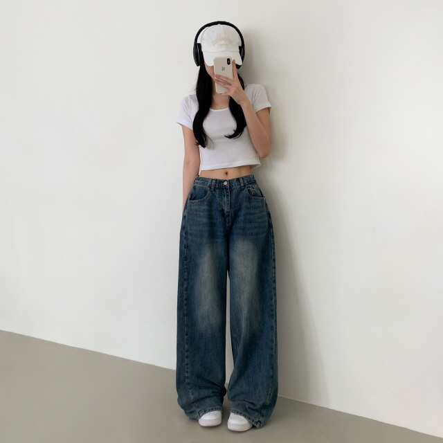 [숏&롱/하체커버!] 솔리 트리드 옆핀턱 청바지 벌룬핏 워싱 폴딩 와이드 봄 데님 팬츠 상세 이미지 32